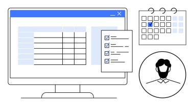 Görev listesini ve veri tablosunu gösteren bilgisayar ekranı, işaretli tarihli takvim ve kullanıcı profili simgesi. Üretkenlik, planlama, zamanlama, organizasyon, iş akışı, kullanıcı yönetimi için ideal