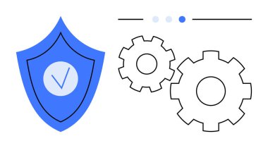 Mavi kalkanla işaretlenmiş, güvenlik göstergesi, ana hatlı dişli sistem operasyonu ile eşleştirilmiş. Siber güvenlik, bilişim süreci, optimizasyon, güvenilirlik, koruma, otomasyon için ideal