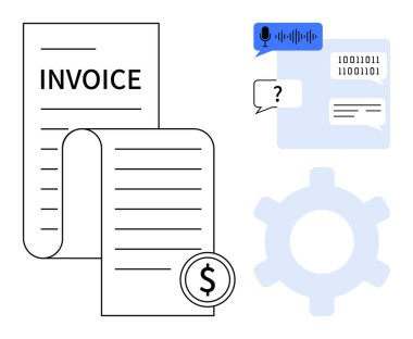 Dolar işareti olan fatura belgesi, metin ve sesle sohbet baloncukları, ikili kod ve dişli simgesi finans, iletişim, yapay zeka, otomasyon ve veri işleme. Fintech yapay zeka destekli için ideal