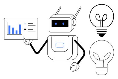Robot, yenilik ve yeni fikirleri temsil eden iki ampul bulunan bir grafikteki verileri analiz ediyor. Yapay zeka, teknoloji, araştırma, veri analizi, yenilik, otomasyon, gelecek kavramları için idealdir. Düz