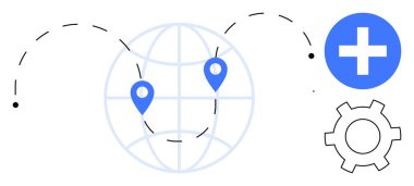 Noktalı çizgiler, vites simgesi ve sağlık sembolüyle birbirine bağlı lobutlarla dolu bir dünya. Ağ oluşturma, sağlık hizmetleri, küresel erişim, konum teknolojisi, yenilik, lojistik ve basit iniş için ideal