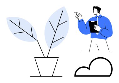 Saksıda büyük yapraklar, soyut bulut, pano tutan ve işaret eden figür. Sürdürülebilirlik, yenilik, doğa, strateji, liderlik büyüme ekip çalışması için idealdir. Düz basit metafor