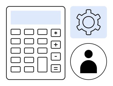 Aritmetik sembollü hesap makinesi, operasyonel ayarlar için teçhizat ve işbirliği için kullanıcı simgesi. Finans, muhasebe, teknoloji, işlemler, planlama, takım çalışması için ideal basit iniş sayfası