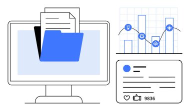 Dizin ve dokümanlı bilgisayar ekranı, analiz simgeleriyle bar grafiği ve sosyal medya angajman ölçümleri. Veri yönetimi, analitik, içerik, iş, strateji, eğilimler ve basit