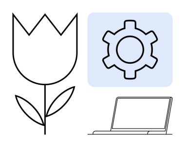 Minimalist çiçek çizgisi, açık mavi kare ve ince dizüstü bilgisayar simgesi. Yenilik için ideal, teknoloji, doğa, üretkenlik, sürdürülebilirlik, büyüme sade iniş sayfası