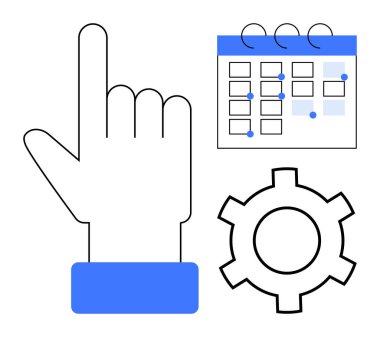 Takvimin yanında işaretli günleri ve çark çizelgesini simgeleyen takvim, otomasyon ve organizasyonu simgeleyen el hareketleriyle. Üretkenlik, iş akışı, planlama, zamanlama, yönetim, verimlilik için ideal