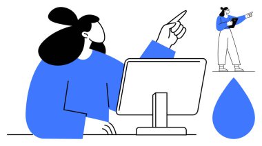 Bilgisayarın başında çalışan bir kadın, yukarıya doğru bakan, daha küçük bir figür elinde bir pano tutuyor. Takım çalışması, üretkenlik, eğitim, uzaktan çalışma, beyin fırtınası, yaratıcılık için ideal basit iniş sayfası