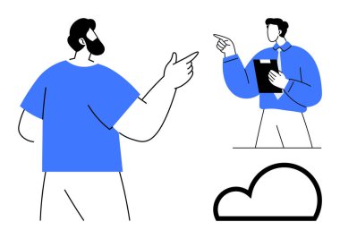 Profesyoneller diyalog içindeler, fikirlere doğru hareket ediyorlar ve yakınlarda bir bulut sembolü var. Takım çalışması, beyin fırtınası, iletişim, işbirliği, bulut hesaplama, veri alışverişi için ideal basit