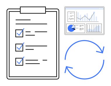 İşaretli listeli pano, grafik ve grafikli veri paneli, işlem döngüsünü gösteren mavi dairesel oklar. Proje yönetimi, iş akışı, analiz, organizasyon, planlama için ideal