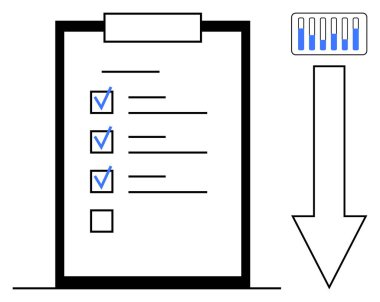 İşaretli kutulu pano, tamamlama durumunu gösteren işlem çubuğu ve aşağıya bakan ok. Üretkenlik, proje yönetimi, planlama, hedefler, ilerleme izleme, güvenilirlik için ideal