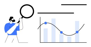 Baro tablosu ve trend çizgisi yakınındaki bir büyüteçle veri görselleştirmesini inceleyen kişi. Analiz, araştırma, iş, strateji, izleme, büyüme ve öğrenme için ideal. Düz basit metafor