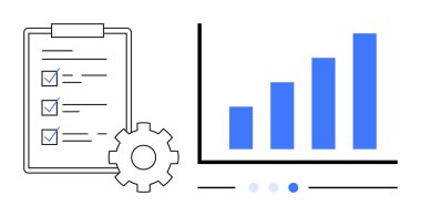 İşaretli ögeler, vites simgesi ve bar çizelgesi içeren kontrol listesi ilerlemeyi, görev yönetimini, analitiği, büyümeyi, performans optimizasyonunu işaret ediyor. İş için ideal, analitik planlama