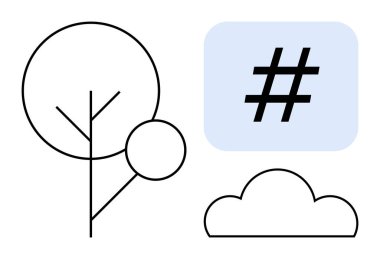 Soyut ağaç, üstveri etiketi sembolü ve bulut çizgisi. Sürdürülebilirlik, dijital iletişim, organik büyüme, modern tasarım, teknoloji trendleri, çevre dostu temalar için ideal basit iniş sayfası