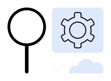 Büyüteç ve vites simgesi keşif ve işlevselliği vurguluyor. Araştırma, analiz, üretkenlik, sorun çözme, geliştirme, basit iniş sayfası için ideal