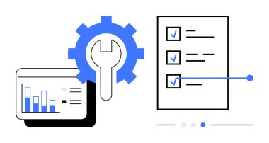 Bar tablosu, kontrol işaretli kontrol listesi ve dişli simgesi veri analizini, görev takibini, proje planlamasını ve işlem optimizasyonunu görselleştirin. İş akışı yönetimi, analitik ve üretkenlik araçları için ideal