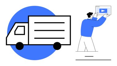 Bir adamın yanında teslimat kamyonu. Web sayfası ekranı ve bir çalma düğmesi var. Lojistik, e-ticaret, video pazarlama, ulaşım, içerik paylaşımı, dijital platformlar, basit iniş sayfası için ideal