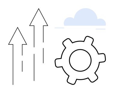 Bir dişlinin yanında yukarı doğru üç ok ve minimum bulut çizimi. İlerleme, yenilik, strateji, üretkenlik, teknoloji, verimlilik ve gelişim için ideal. Düz basit metafor