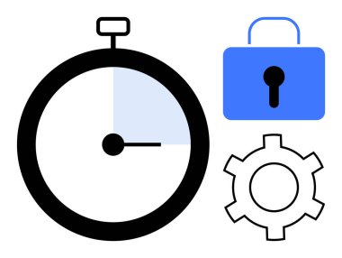 Kronometre işaretleme zamanı, mavi asma kilit güvenliği ve ayarları veya süreçleri temsil eden ekipmanları gösteriyor. Üretkenlik, verimlilik, organizasyon, iş akışı, sistemler, işlemler için ideal