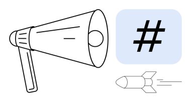 Mesajları yükseltmek için megafon, sosyal eğilimler için meta veri etiketi ve ilerlemeyi simgeleyen roket. Pazarlama, sosyal medya, yenilik, markalaşma, SEO, çevrimiçi kampanyalar için ideal basit bir iniş sayfası