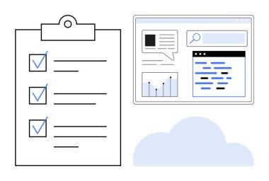 Mavi işaretli görev listesi, çizelgeli analiz paneli, arama çubuğu ve bulut grafiği. Üretkenlik, organizasyon, planlama, analiz, görev izleme, veri yönetimi için ideal