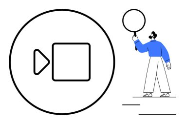 Mavili adam, siyah çemberde video ikonu yakınında büyüteç tutuyor, medya içeriğini ve araçlarını analiz ediyor. Video oluşturma, tasarım, öğrenim, eğitim, medya araçları, eğlence ve basit iniş için ideal