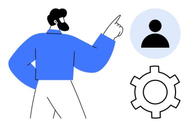 Vites ve profil simgelerine doğru hareket eden kişi rehberliği, kullanıcı kurulumunu, yönetimi sembolize ediyor. Teknoloji, ayarlar, kullanıcı deneyimi, profil kişiselleştirme, iş akışı dersi için ideal