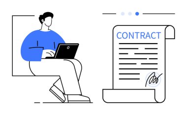 Bilgisayarda çalışan kişi, yasal anlaşma ve uzak iş akışının altını çizen imzalı bir sözleşme imzaladı. İş için ideal, yasal hizmetler, dijital sözleşmeler, e-imzalar, pazarlıklar, işbirliği