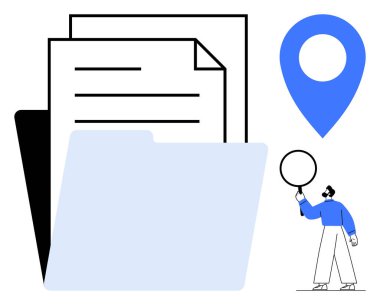 Belgeli klasör, büyük konum işareti, konuşma balonu olan kişi. Veri organizasyonu, belge arşivleme, dijital depolama, konum izleme, iletişim tasarımı, iş akışı için ideal