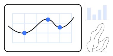 Şebeke üzerinde mavi veri noktaları olan dalgalı eğilim çizelgesi, dekoratif bitkinin yanında çubuk grafik. Analiz, iş, planlama, büyüme, modern tasarım, araştırma, basit iniş sayfası için ideal