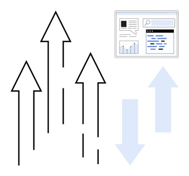Yukarı çıkan oklar büyümeyi ve başarıyı sembolize eder, çizelgeler ve metinlerle hazırlanmış bir web sayfası modeliyle tamamlanır. İş için ideal, yenilik, pazarlama, analitik, performans, ilerleme, basit iniş sayfası