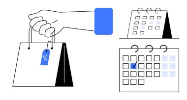 İndirim etiketli el çantası, anahtar satış tarihlerinin yanında iki takvim. E-ticaret, pazarlama, perakende satış, promosyon, sezon planlaması, program etkinliği stratejisi için ideal. Düz basit