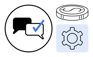 İşaretli, bozuk paralı ve dişli sohbet baloncukları iletişimi, mali işlemleri ve işlemleri gözünde canlandır. Teknoloji, hizmet, ödeme, iş akışı fintech iletişim kavramları için idealdir