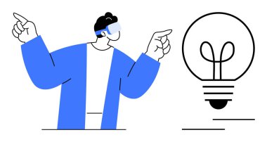 Sanal gerçeklik gözlüğü takan biri parlayan bir ampulü işaret ediyor. Kavramsal kavramlar için ideal yenilik, teknoloji, yaratıcılık, sanal öğrenme, beyin fırtınası, fütüristik düşünce, düz düşünce