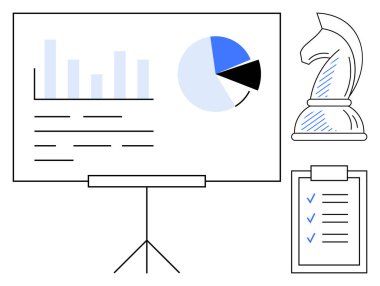 Tablolar stantta, satranç şövalyesi stratejiyi ve listeyi simgeliyor. İş planlama, strateji, analitik, takım çalışması, karar verme organizasyonu için ideal. Düz basit metafor