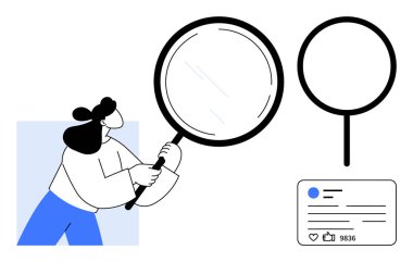 Elinde büyüteçle sosyal medyayı inceleyen bir kadın. Araştırma, strateji, analitik, sosyal medya pazarlaması, veri incelemesi, kullanılabilirlik testi, basit iniş sayfası için ideal