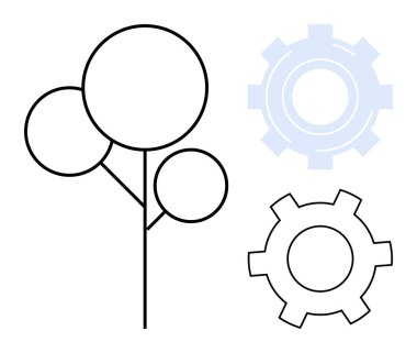 İki dişlinin yanında üç dairesel elementi olan soyut ağaç, doğa ve teknolojinin karışımını sembolize ediyor. Sürdürülebilirlik, yenilik, eko-teknoloji kavramları, endüstriyel tasarım, yeşil enerji için ideal