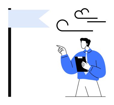 Elinde bayrakla bayrak direğini gösteren bir pano tutan adam rüzgar hareketlerine karşı. Liderlik için ideal, hedefler, odaklanma, planlama, motivasyon, yön, iş stratejisi. Düz basit metafor