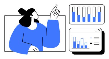 Barın grafiklerine ve veri grafiklerine doğru minimum bir arayüzde hareket eden bir kadın. İş analizi, veri görselleştirme, analitik, sunumlar, raporlama, planlama ve basit iniş sayfası için ideal