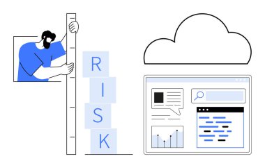 Cetvel kullanan bir kişi, bulut ve gösterge panelinin yanında dikey olarak yığılmış risk blokları kullanır. Risk yönetimi, veri analizi, bulut hesaplama, strateji, iş planlaması, sorun çözme için ideal