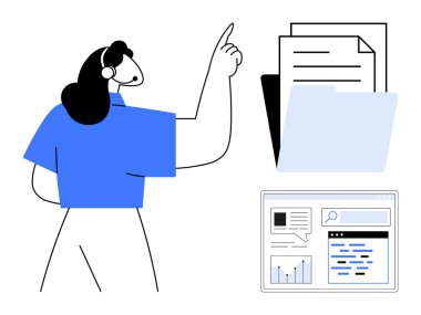 Organize belgelere, çizelgeler ve metinlerle dijital arayüze işaret eden bir kadın. Çalışma akışı, üretkenlik, takım çalışması, veri analizi, dosya depolama, dijital araçlar, basit iniş sayfası için ideal