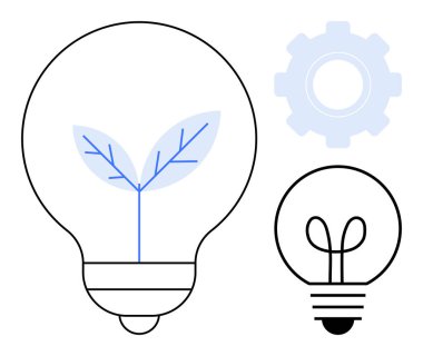 Büyüyen bitki içeren ampul çevre dostu fikirleri sembolize eder daha küçük ampul ve dişli yenilik, takım çalışması, üretkenlik ve yeşil enerji kavramlarını vurgular. Sürdürülebilirlik ve teknoloji için ideal