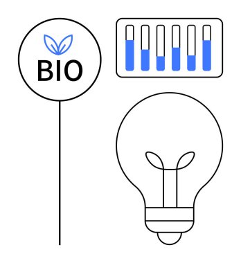 Yapraklı biyo etiket, sıvılı test tüpleri ve minimalist bir şekilde tasvir edilmiş ampul. Sürdürülebilirlik, bilim, yenilik, biyoteknoloji, ekolojik çözümler, temiz enerji sade iniş için ideal