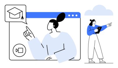 Ekranda video konferans, mezuniyet şapkası ikonu ve tableti tutan figürle bir kadın var. Eğitim, e-öğrenim, uzak çalışma, teknoloji, iletişim, webinar sade iniş sayfası için ideal
