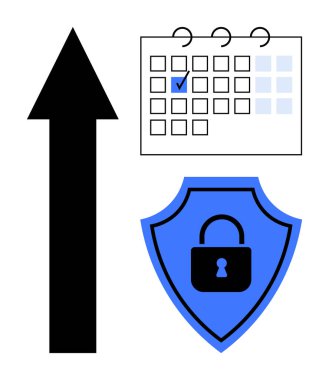 Yukarı doğru siyah ok, işaretli tarihli takvim, kilit sembollü mavi kalkan. İlerleme, planlama, hedef belirleme, güvenlik ve üretkenlik stratejisi için ideal. Düz basit metafor