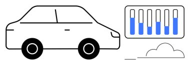 Elektrikli araba silueti, pil seviyesinde parmaklıklar ve sürdürülebilir enerjiyi temsil eden emisyonsuz bulut. Sürdürülebilirlik, yenilik, çevre, ilerleme, enerji, teknoloji, basit