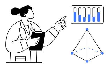 Mavi veriler ve geometrik çizelgelerle çizelgeye işaret eden bir tıbbi uzman. Sağlık, tıbbi araştırma, analiz, veri güdümlü kararlar, istatistik, raporlar için ideal