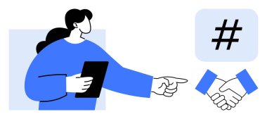 Tablet tutan kadın meta veri etiketi ve tokalaşmasına doğru hareket ediyor. Ağ oluşturma, işbirliği, markalaşma, dijital iletişim, sosyal medya, takım oluşturma, basit iniş sayfası için ideal