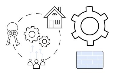 Anahtarlar, ev, vitesler, kullanıcılar ve tuğla duvar emlak yönetimi, takım çalışması, planlama ve inşaatı temsil ediyor. Gayrimenkul yatırımları için ideal takım çalışması konut piyasası inşaatı planlaması basit