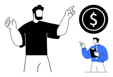 Büyük bir dolar sembolünü işaret eden iki adam, finansal tartışmaları, hedef belirleme, strateji, iş, takım çalışması, büyüme ve yatırımı sembolize ediyor. Ekonomi finansmanı için ideal karar takım çalışması