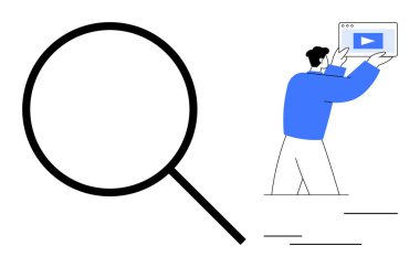 Elinde video içeriği gösteren tablet tutan adamın yanında büyük bir büyüteç. Arama, video akışı, kullanıcı deneyimi, içerik keşfi, dijital ortam, yenilik ve basit bir iniş için ideal